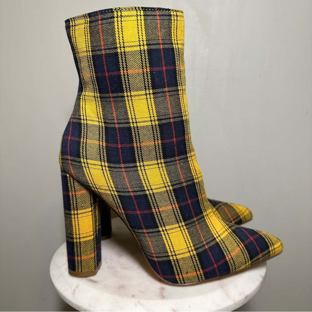 Liliana Yellow and Navy Plaid Heeled Booties